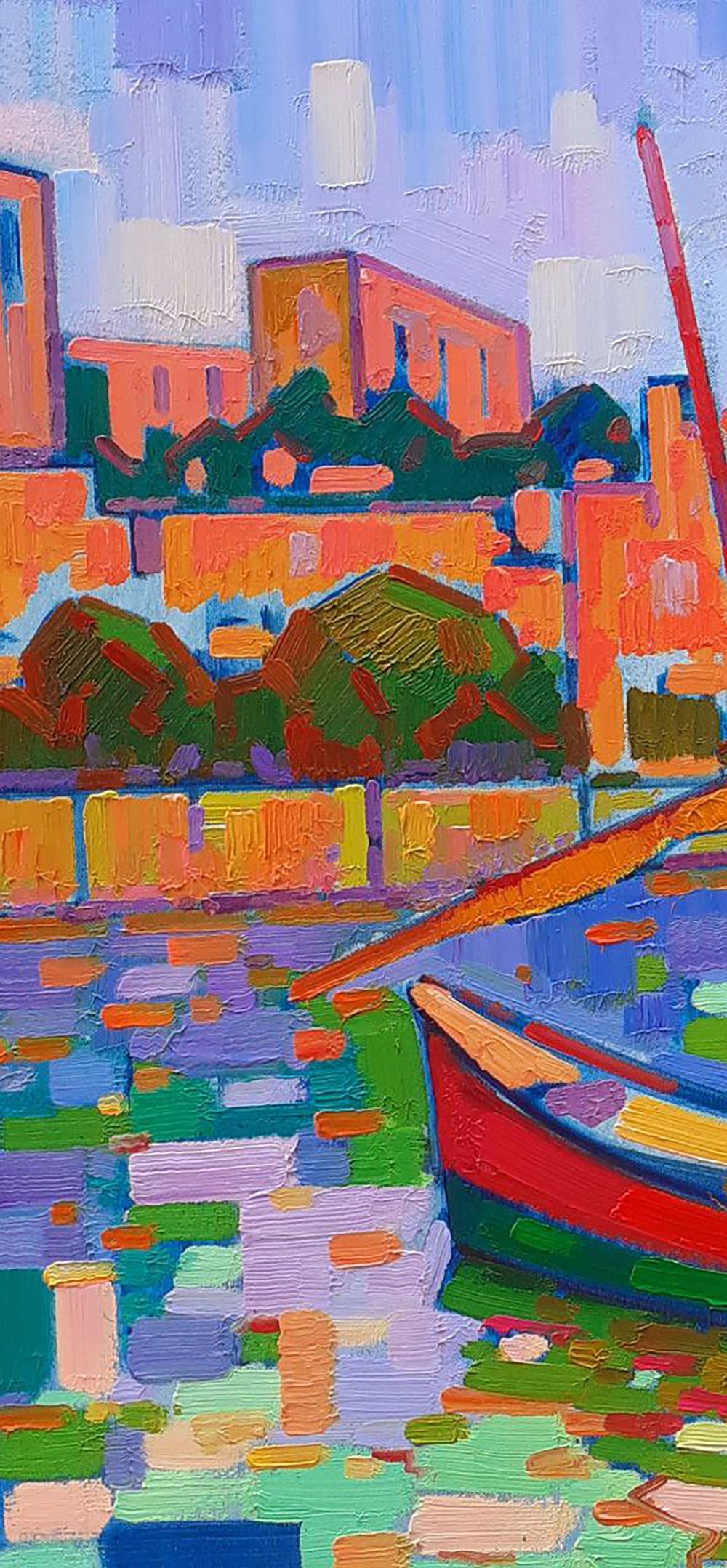 Oil painting Boats at the pier Peter Dobrev