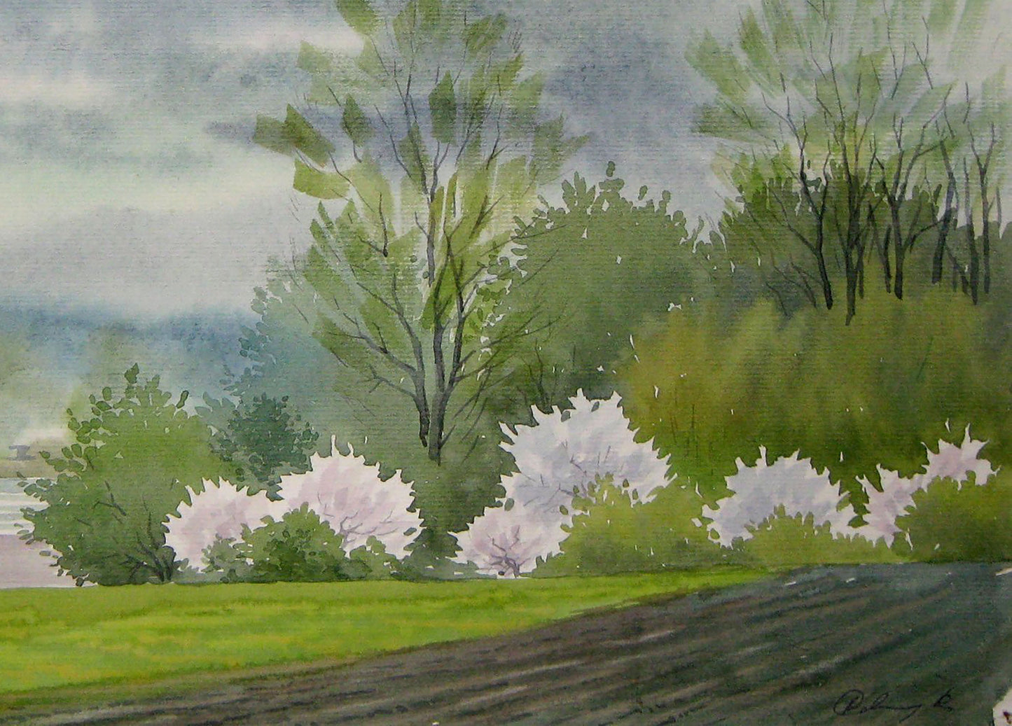 Valery Savenets' portrayal of farm fields in watercolor.