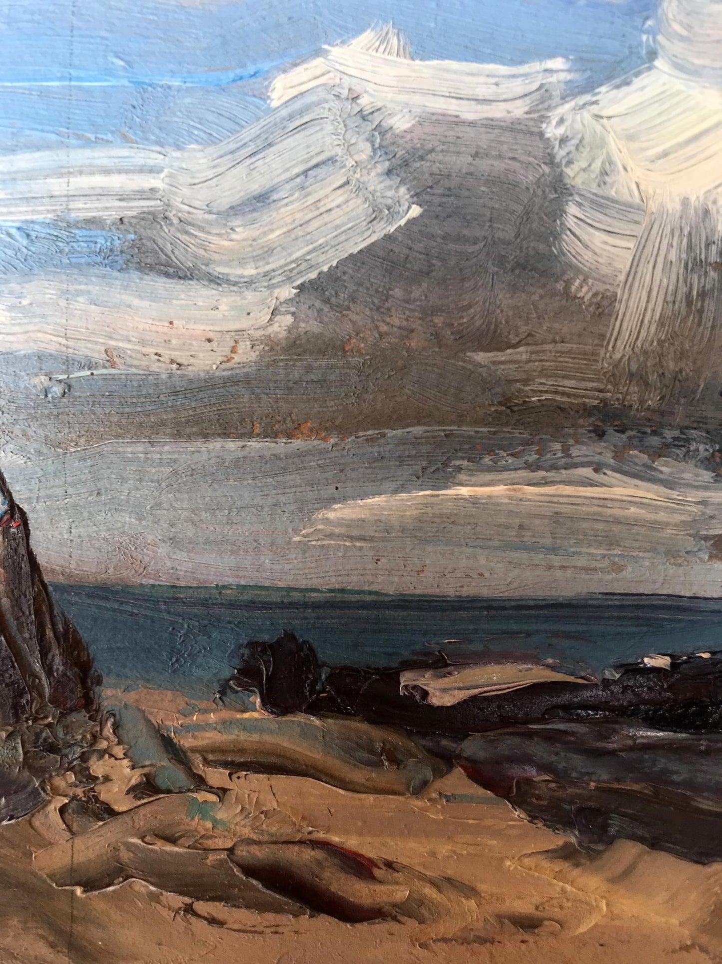 The ship on the coast portrayed in oil by Alexander Nikolaevich Cherednichenko