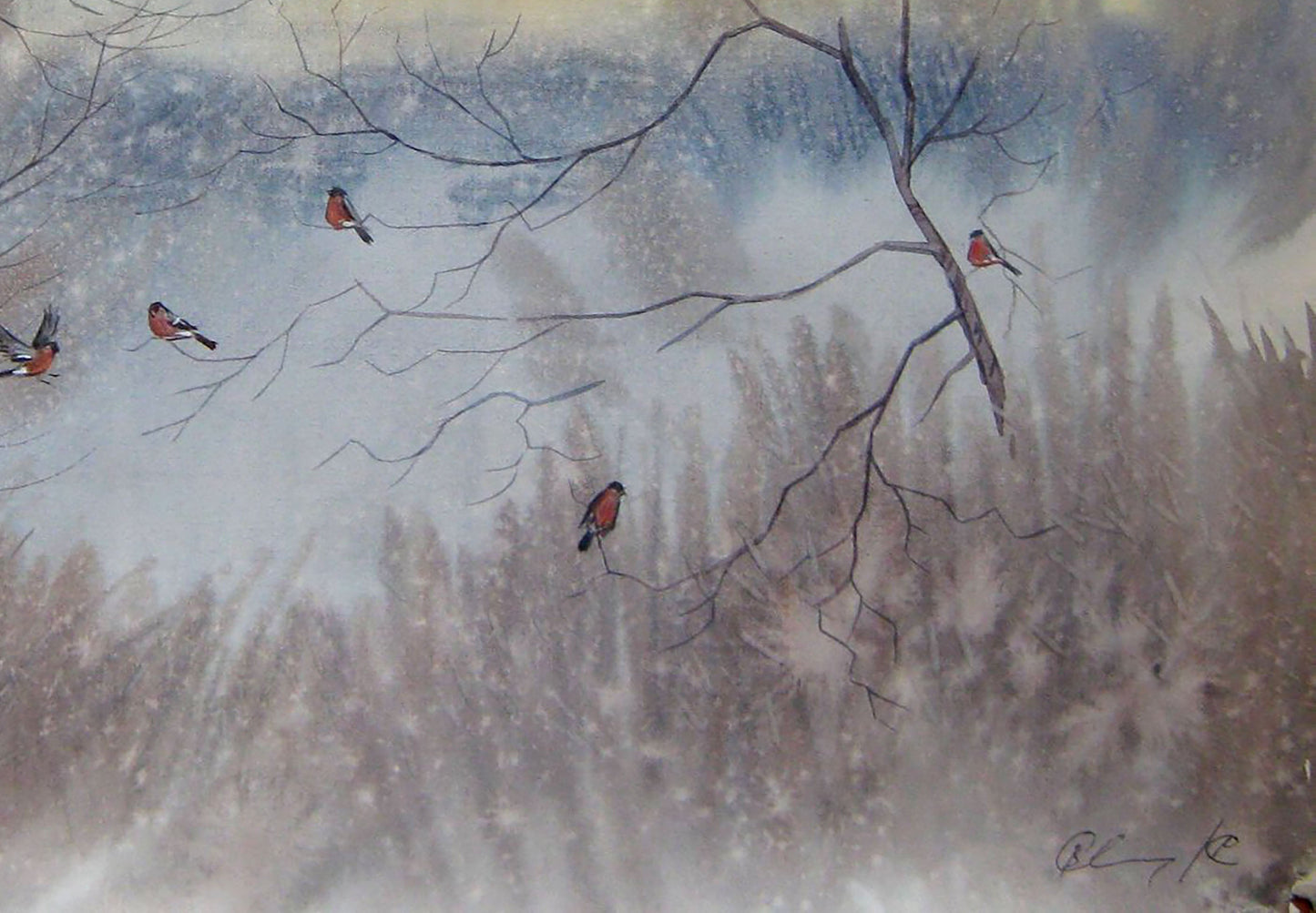 Watercolor artwork "Bullfinches" by Valery Savenets