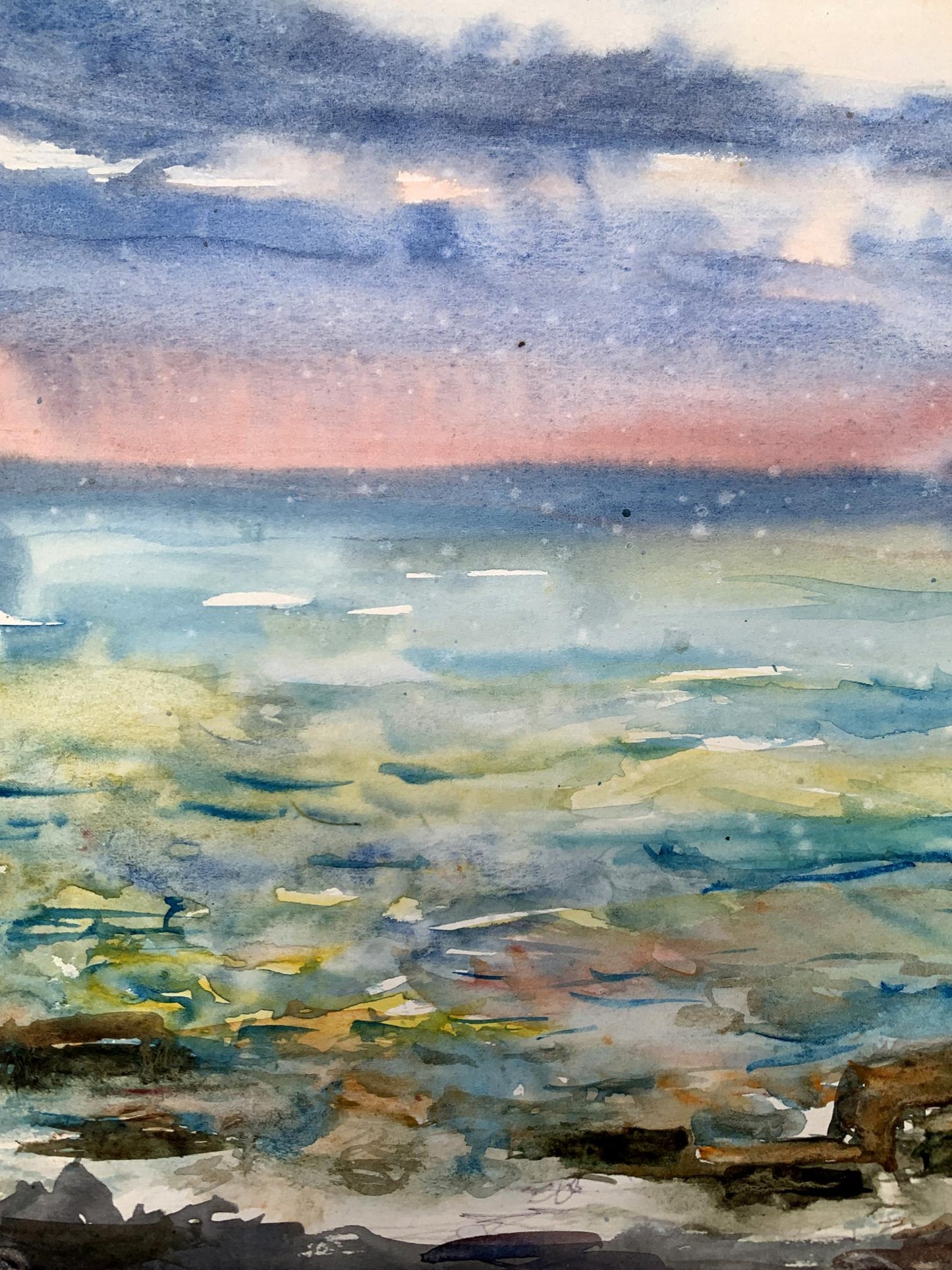 Watercolor painting Orange Sunset Unknown artist