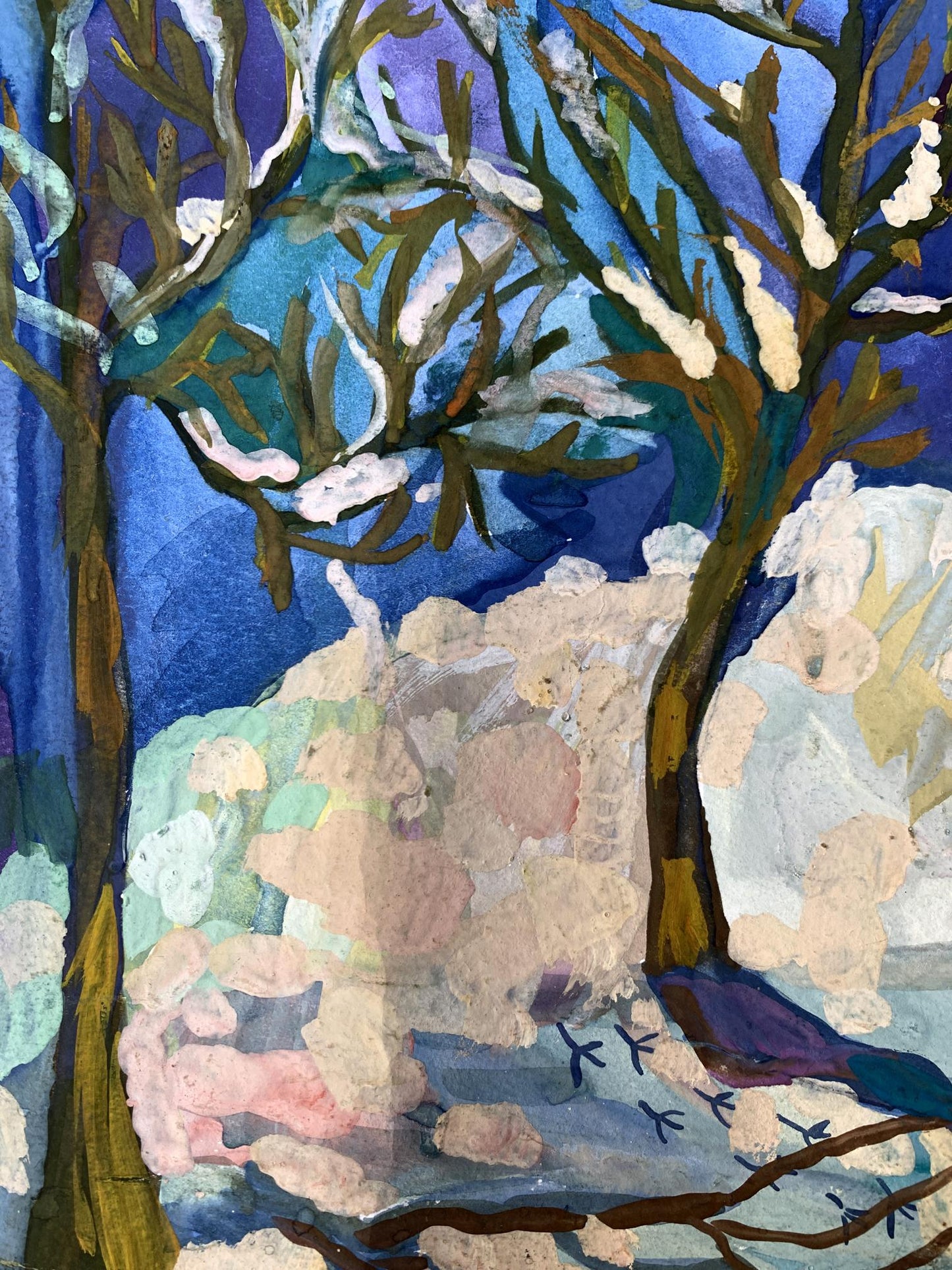 Gouache painting Winter evening in the park Ivanna Yanchuk