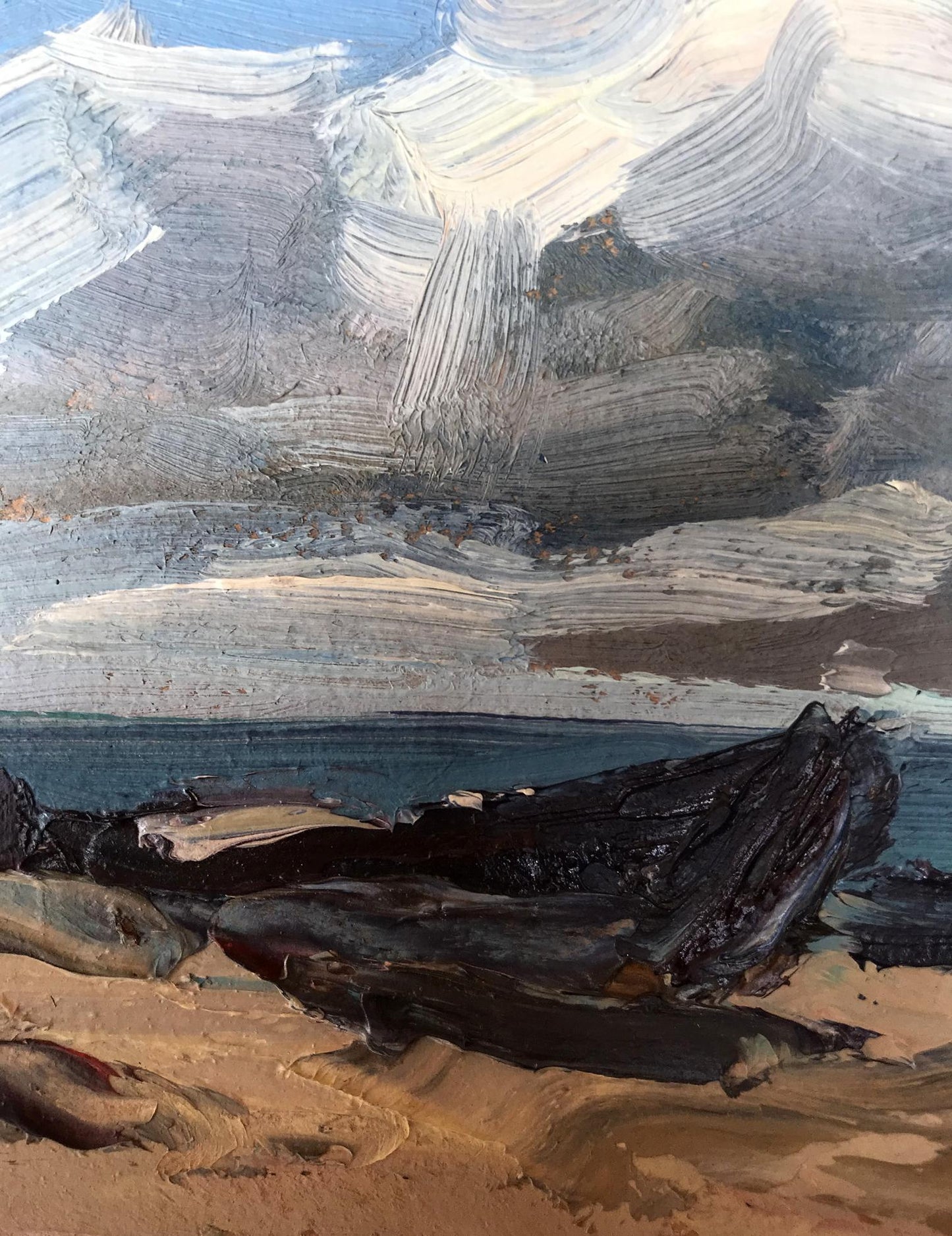 Alexander Nikolaevich Cherednichenko's oil canvas featuring a ship on the coast