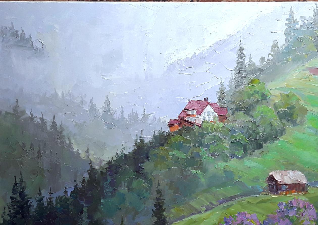 An oil painting showcasing the atmospheric rain in mountain landscapes by Boris Petrovich Serdyuk