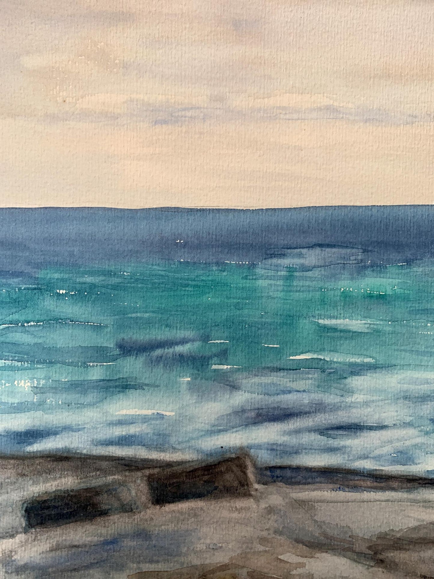 Watercolor painting Evening sea tide Unknown artist