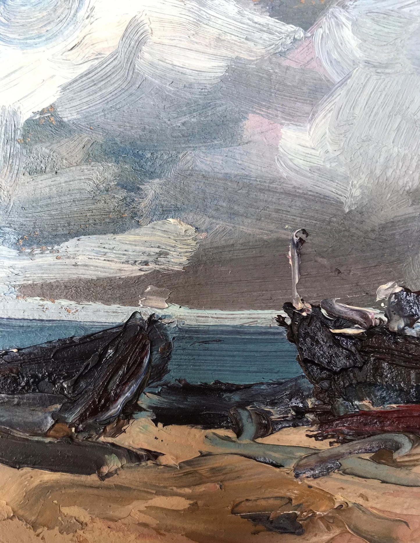Oil artwork by Alexander Nikolaevich Cherednichenko illustrating a ship on the coast
