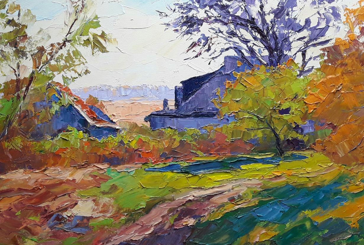 Boris Petrovich Serdyuk's oil painting showcases the vibrant hues of autumn