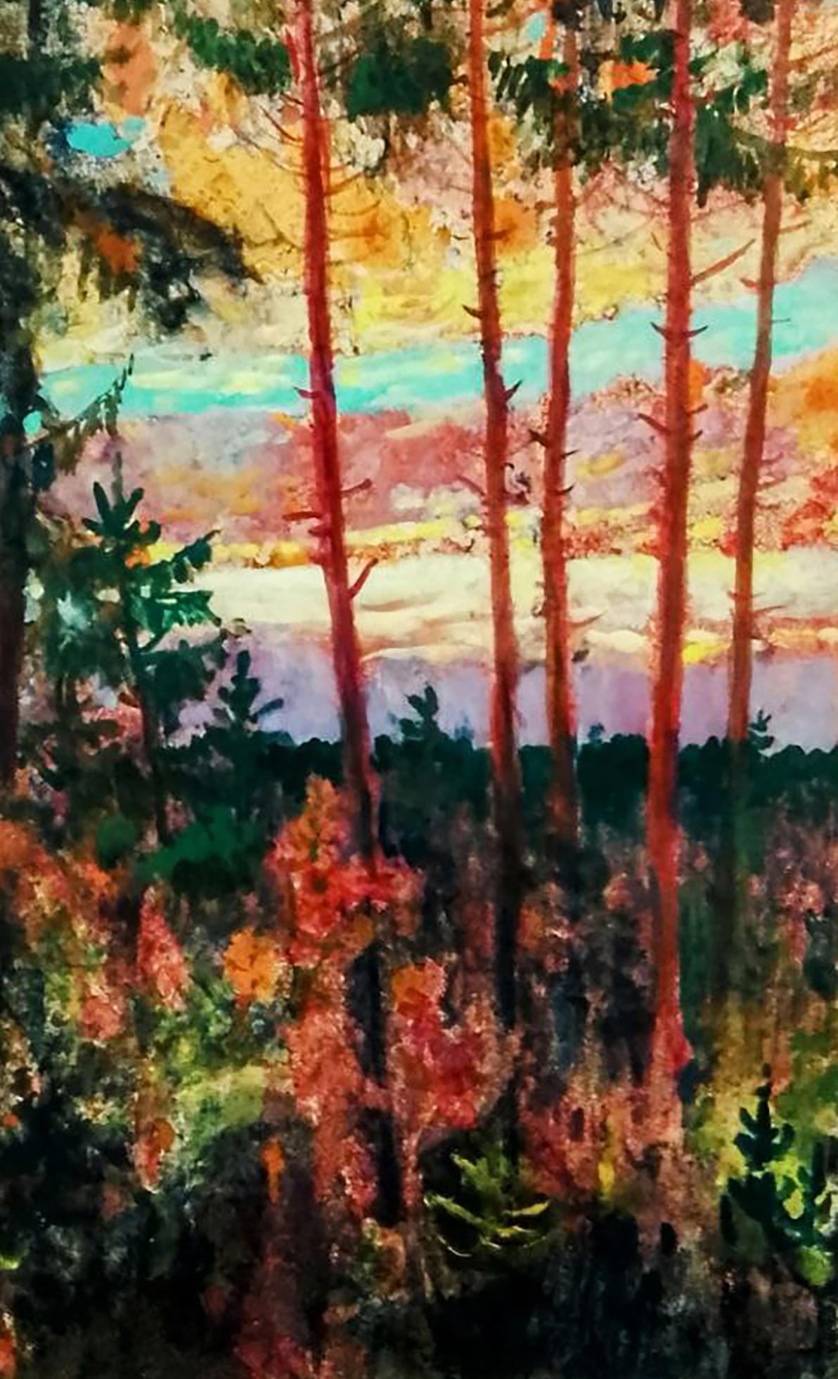 Oil painting Red clouds over the forest Anatolii Duhnevich
