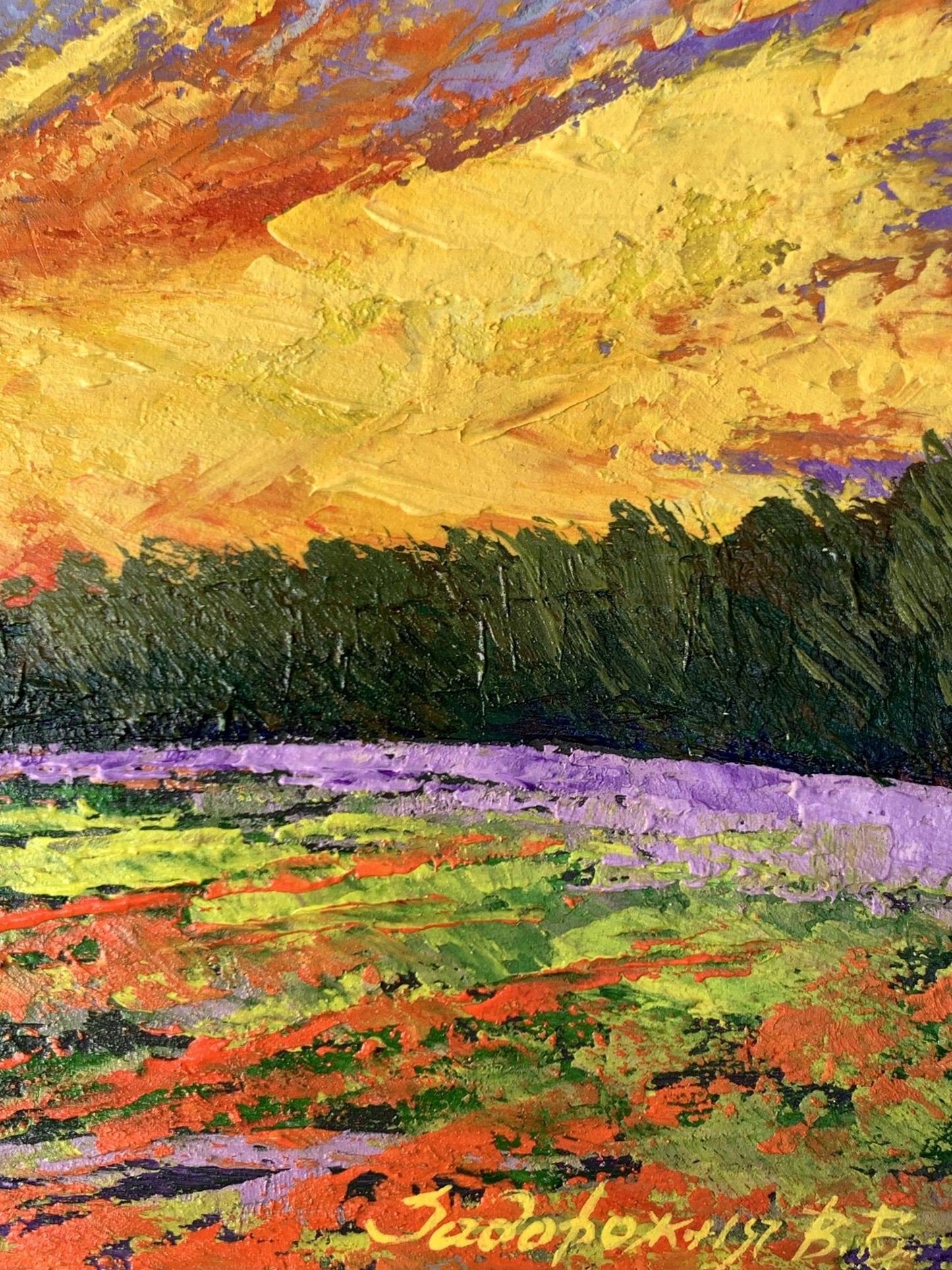 Oil painting Watching the sunset in the field V. Zadorozhnya