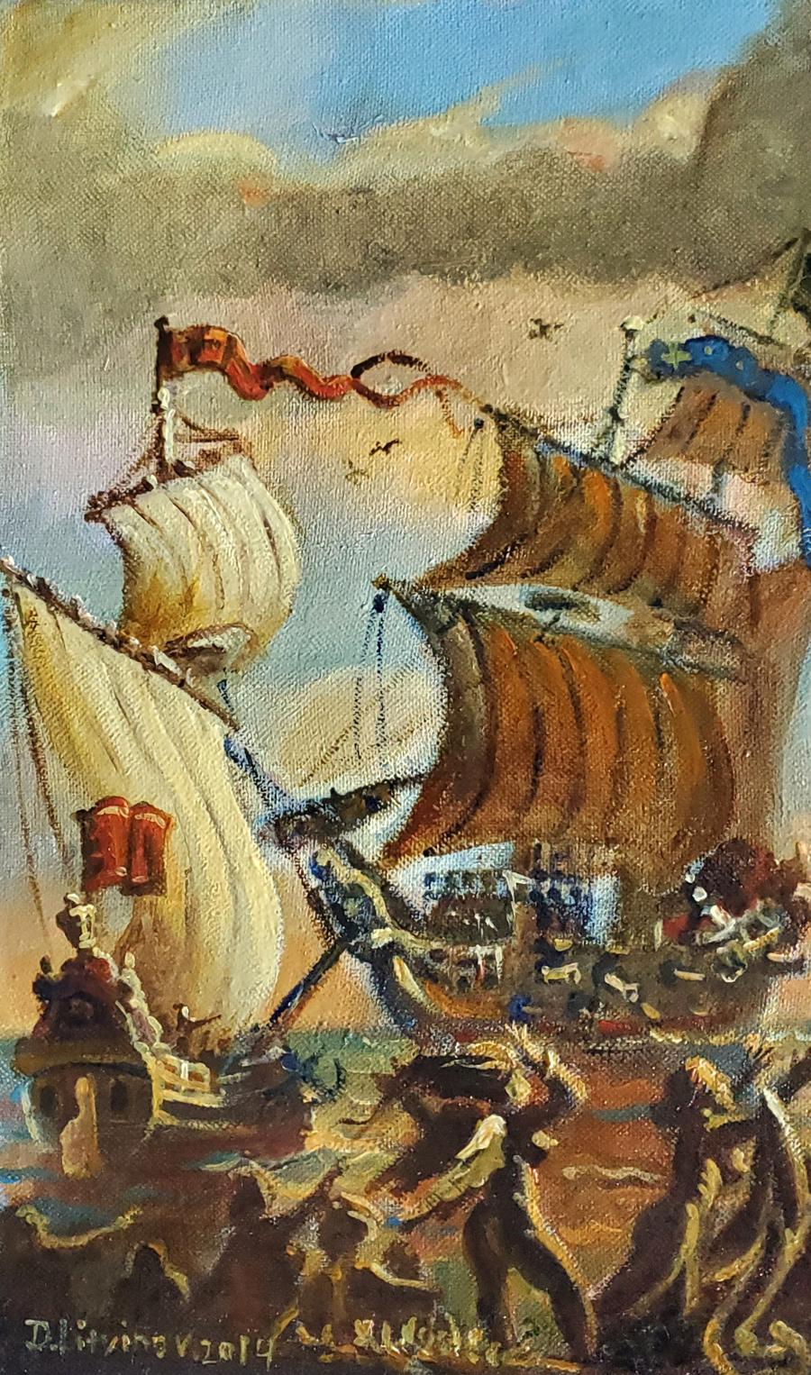 Oil painting Ships at the shore Daniil Litvinov