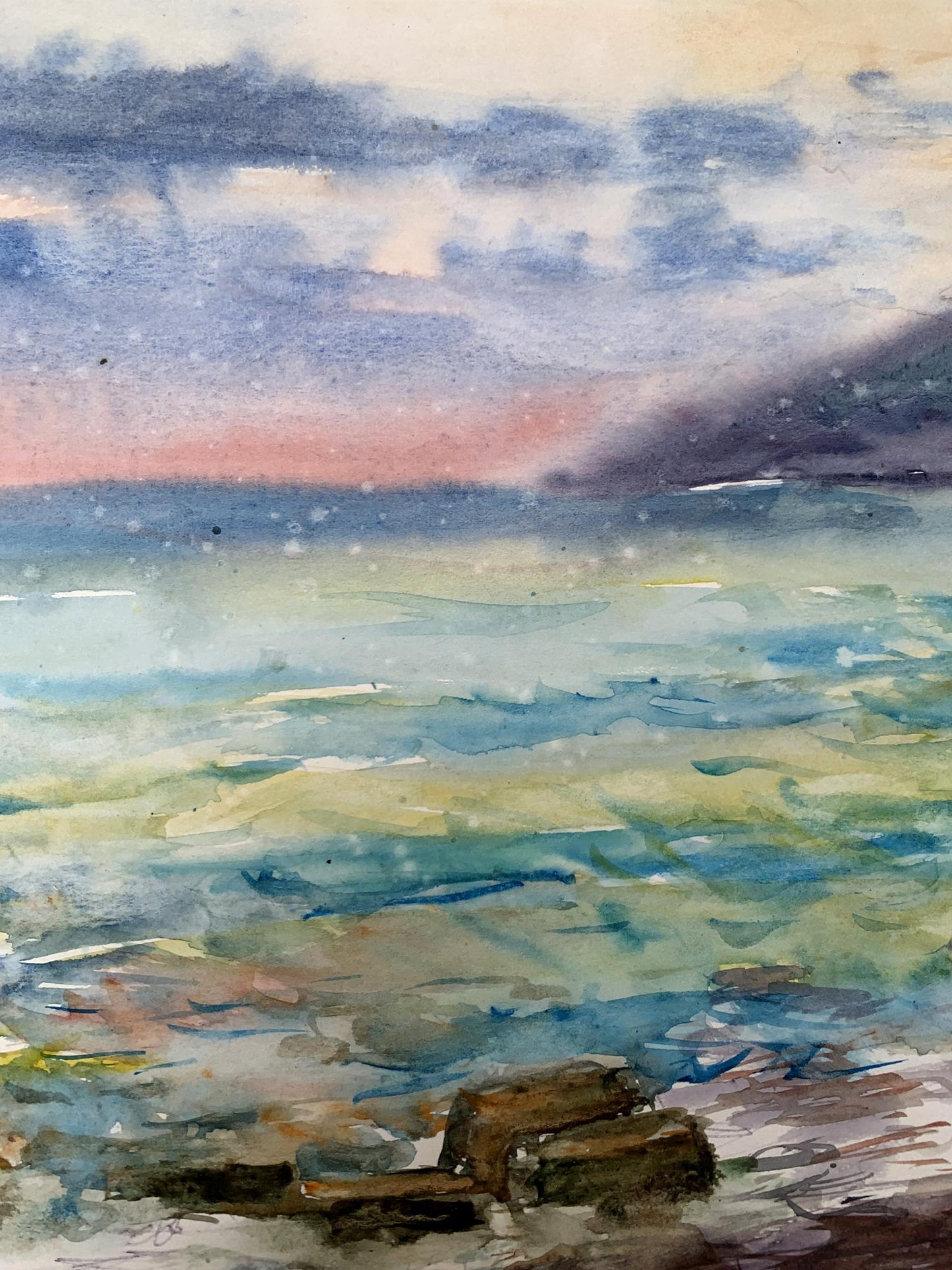 Watercolor painting Orange Sunset Unknown artist