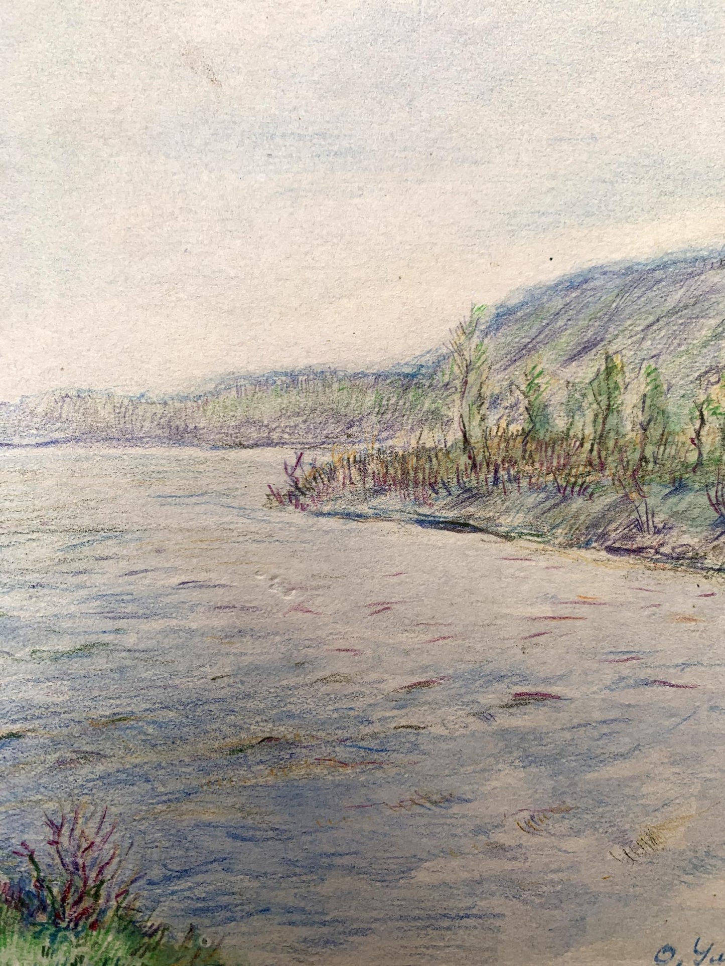 Colored pencil painting Quiet river O. Umansky