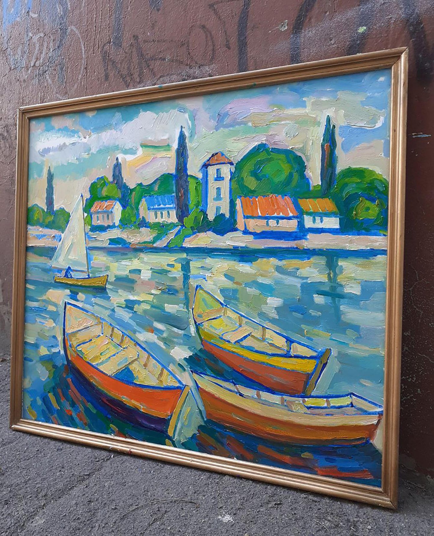 Oil painting Landscape with boats Peter Dobrev