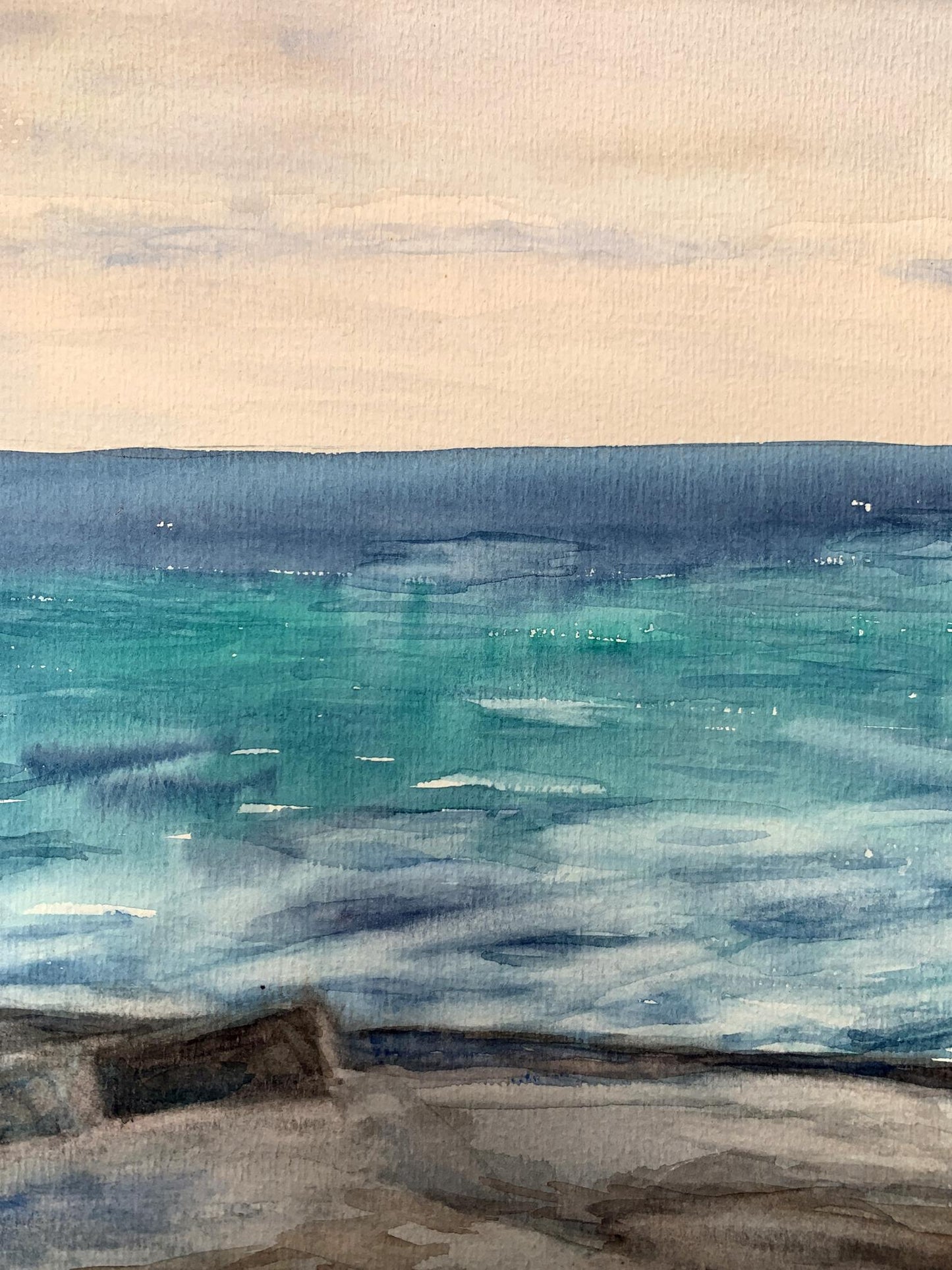 Watercolor painting Evening sea tide Unknown artist