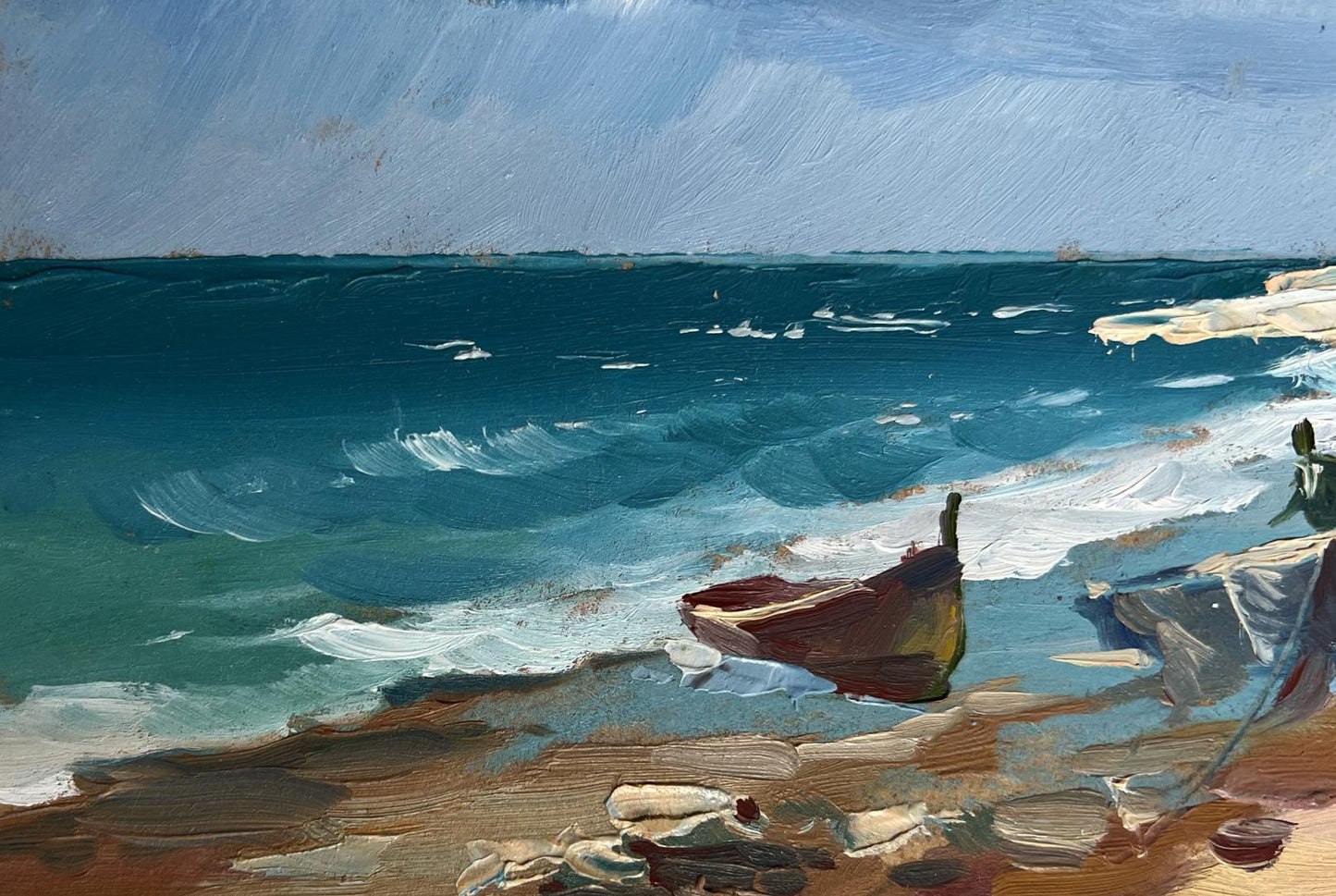 OIl painting Boats at the lighthouse Yuriy Suprunchuk