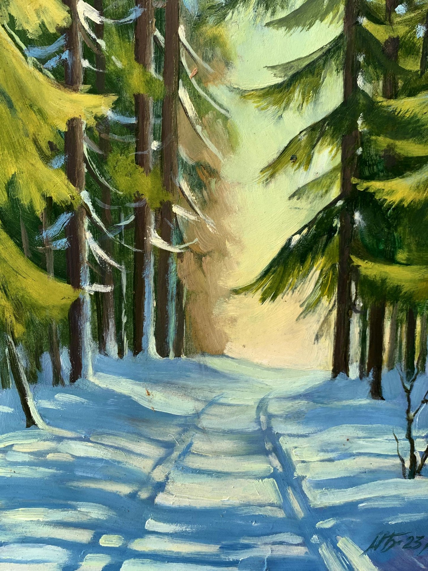 Oil painting Snowy road in the forest Mykhailo Burdylo