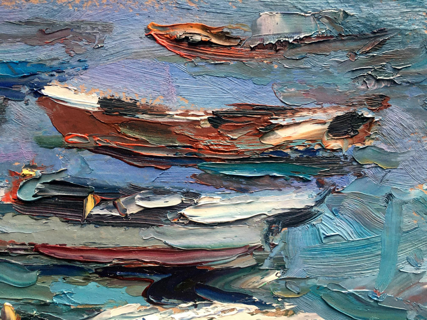 The tranquil scene of boats by the shore in Alexander Nikolaevich Cherednichenko's oil painting