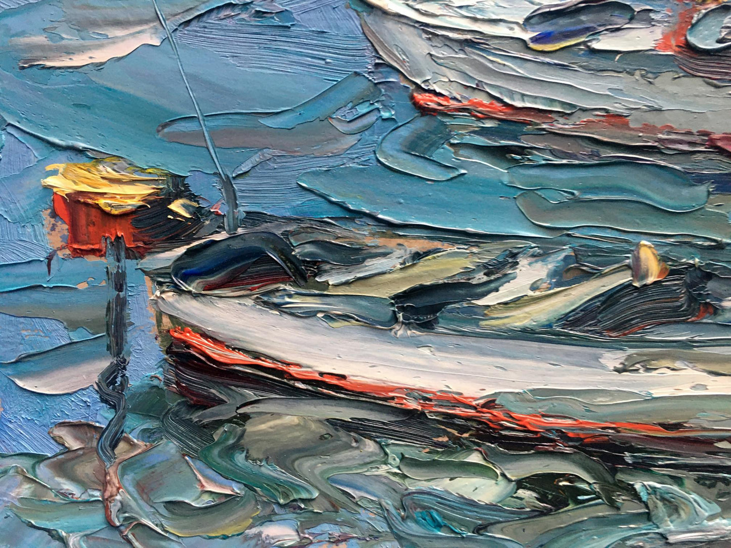 Boats resting by the shoreline as depicted in Alexander Nikolaevich Cherednichenko's oil painting