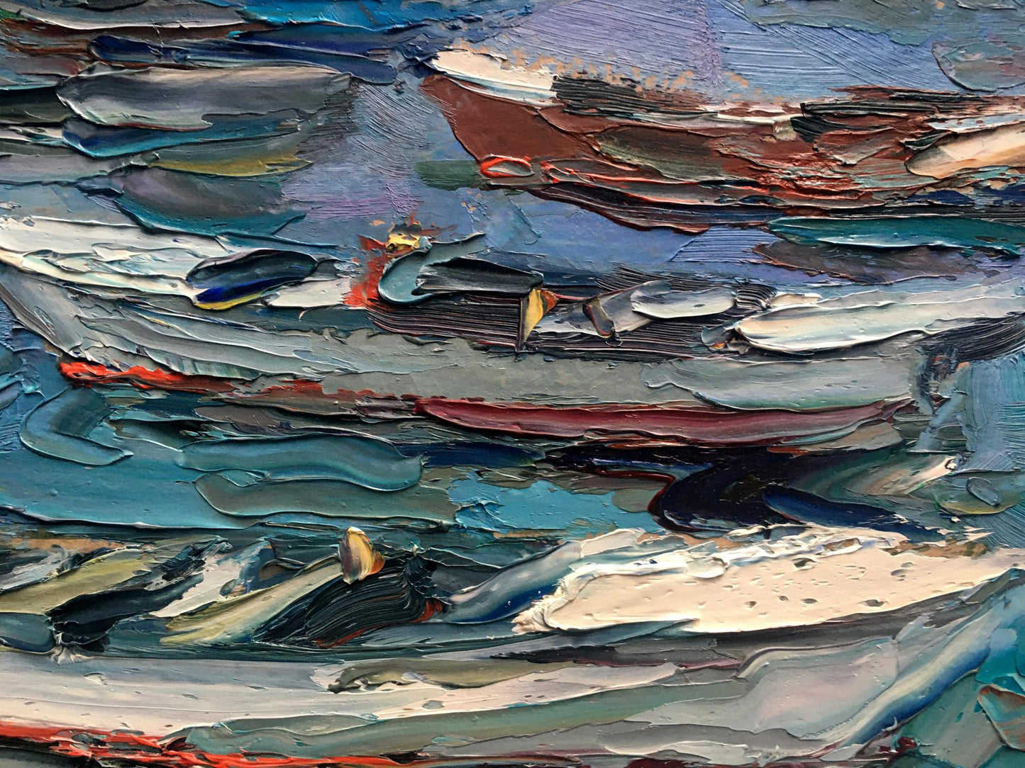 Alexander Nikolaevich Cherednichenko's oil depiction of boats by the shore