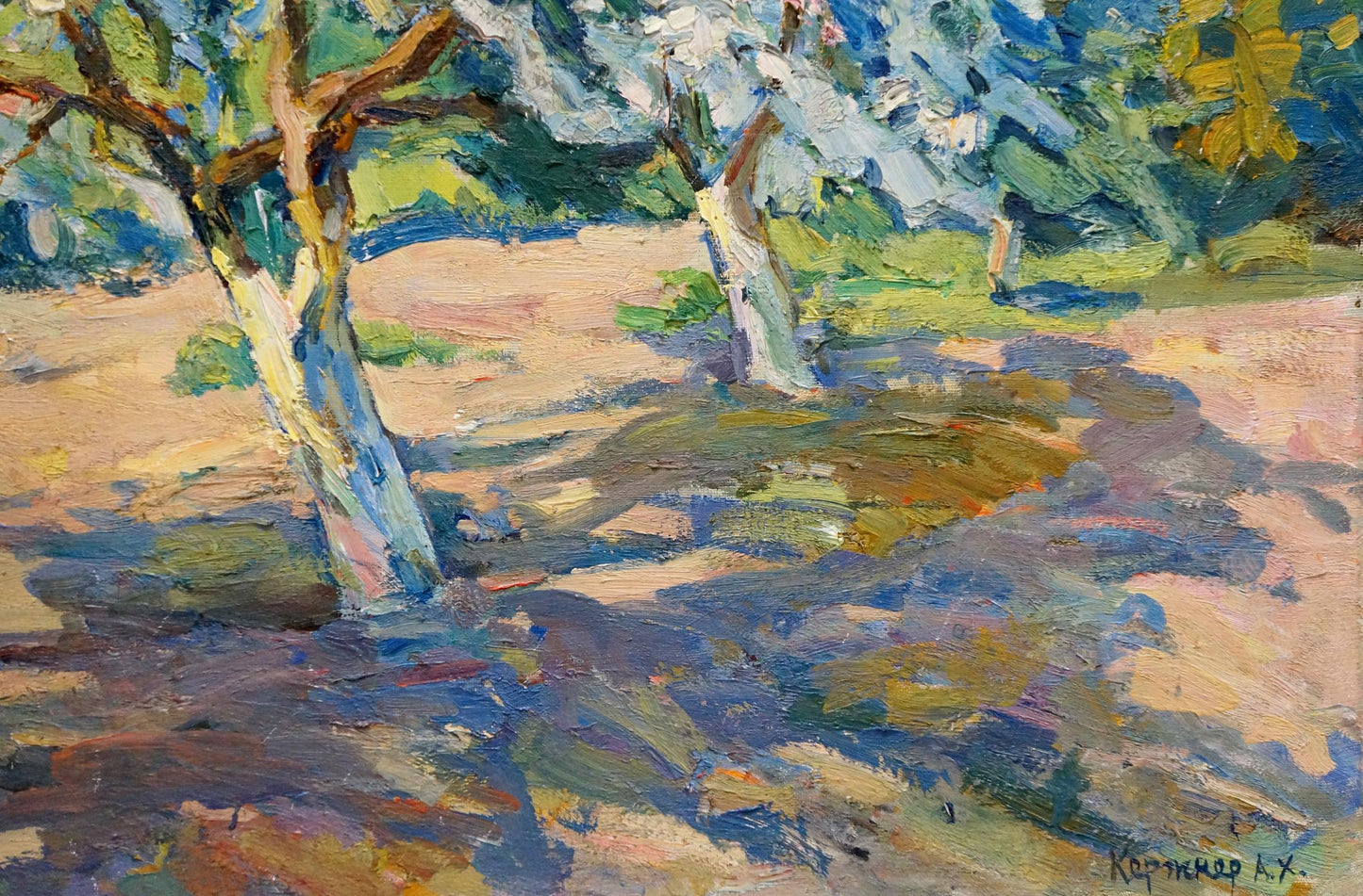 The oil painting by Alexander Kerzhner showcases the vibrant colors of a garden in bloom