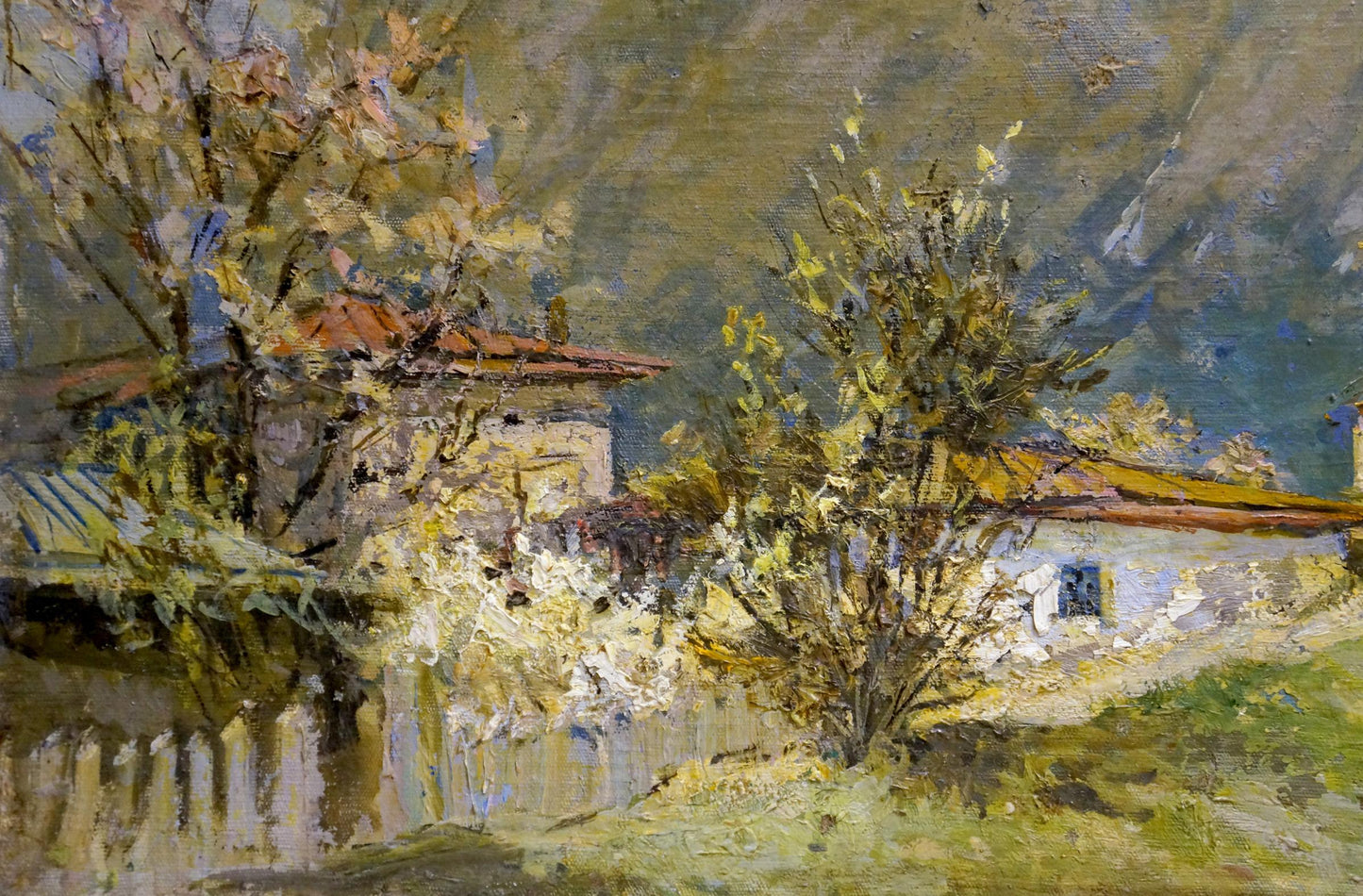 V. Ferber's oil painting transports viewers to a majestic mountain landscape