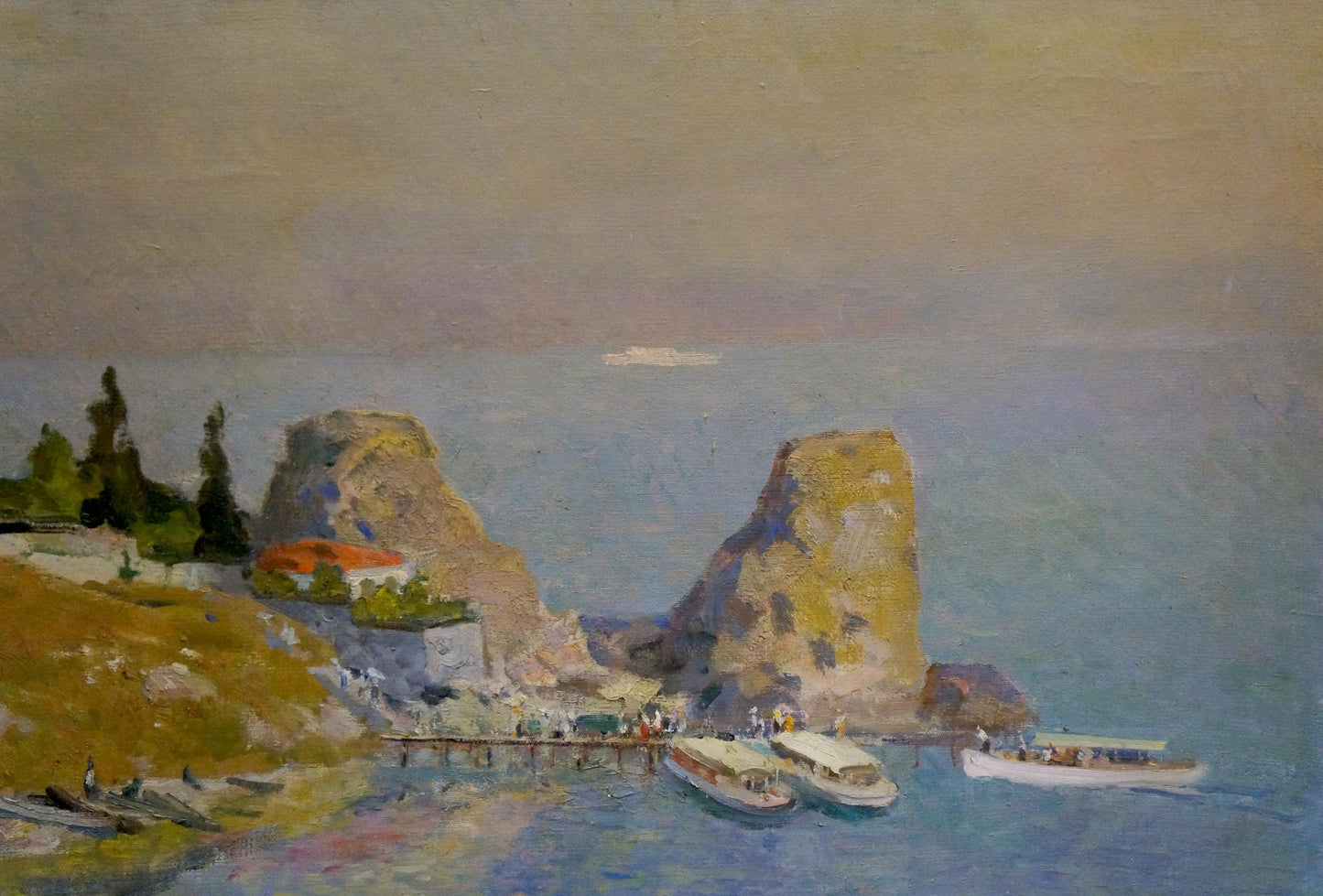 Oil painting titled City by the Sea by N. A. Shelyuto
