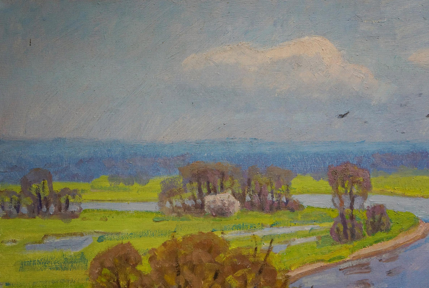 Oil painting capturing a landscape with a river flood by an unknown artist