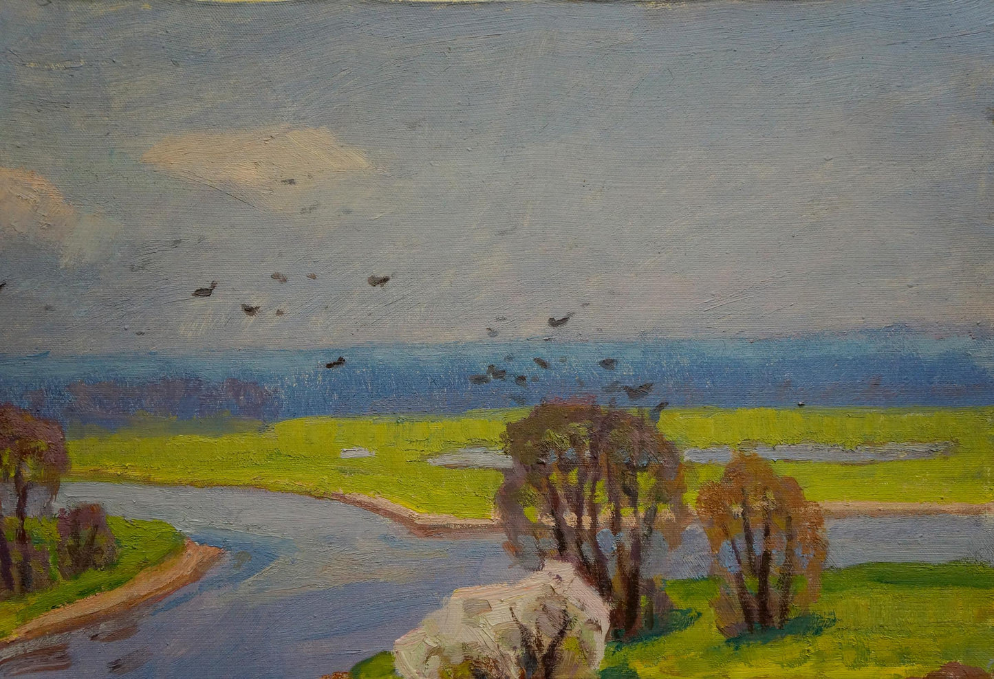 River flood depicted in a landscape oil painting by an unknown artist