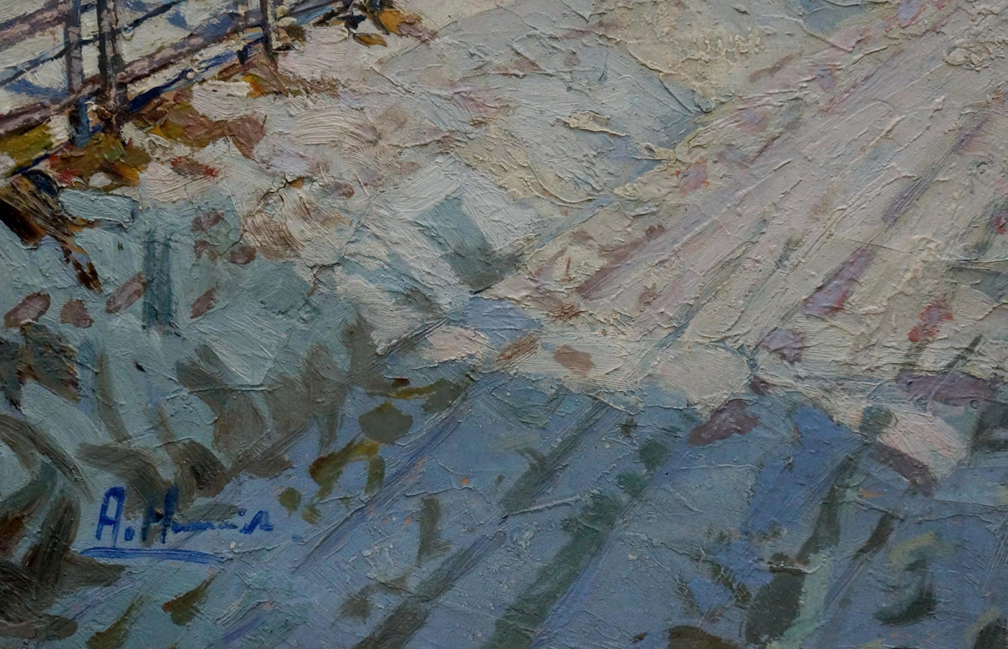 Oil painting Trees along a winter road Unknown artist