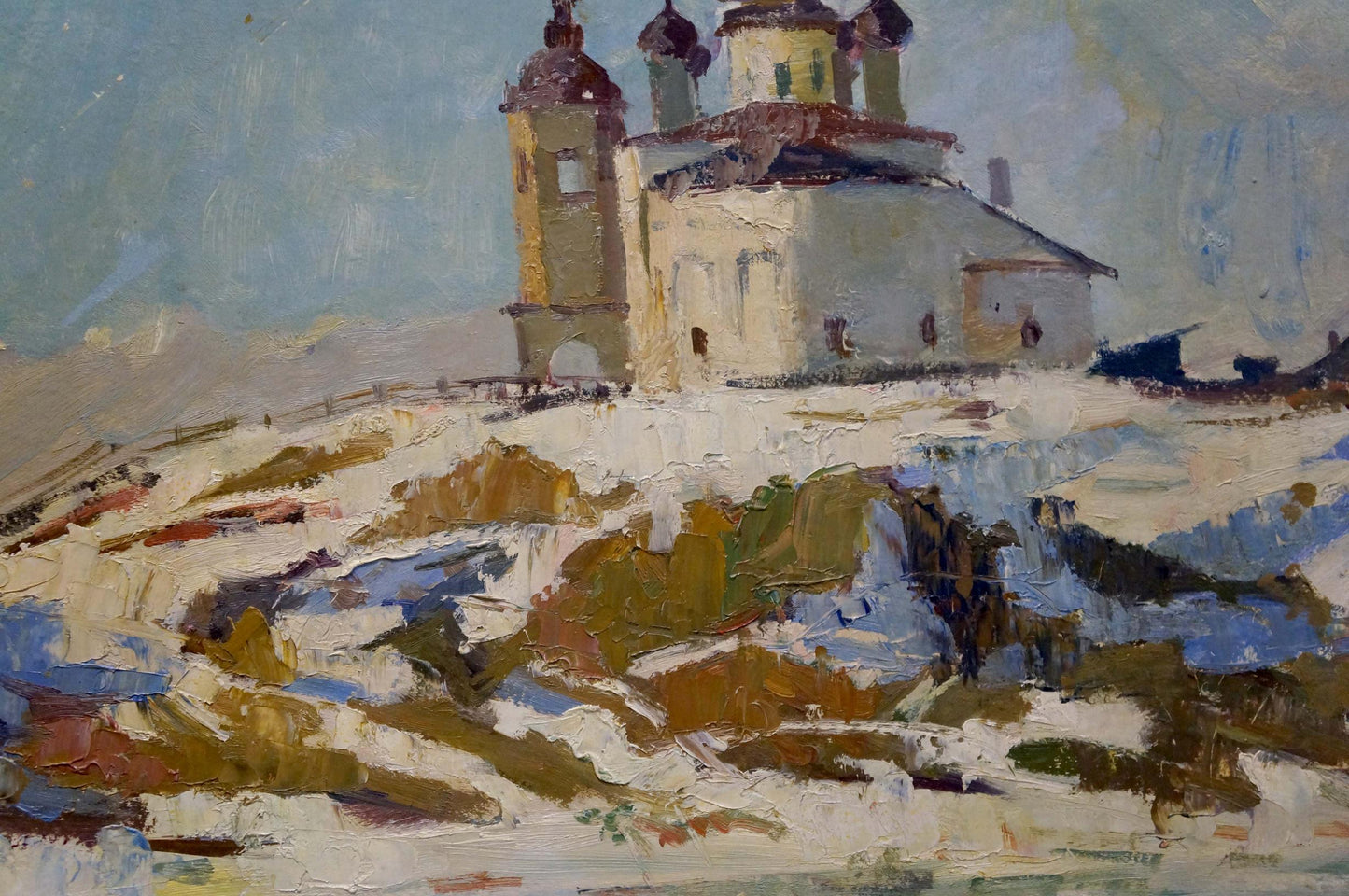 Oil painting Old church on the shore A. G. Gulyaev