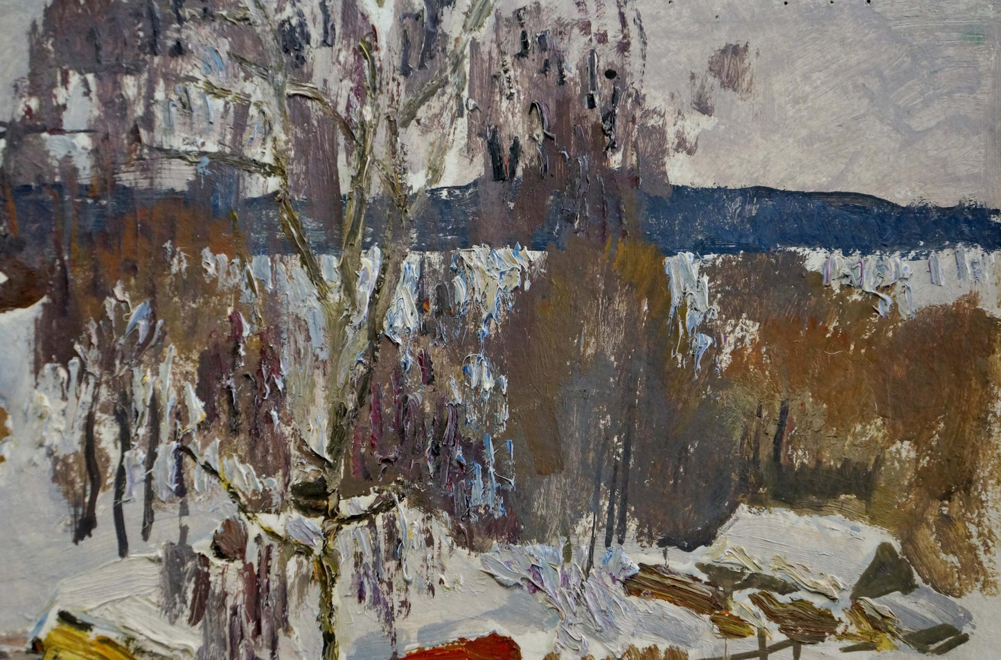An oil painting by Rostislav Mikhailovich Zvyagintsev featuring a winter scene