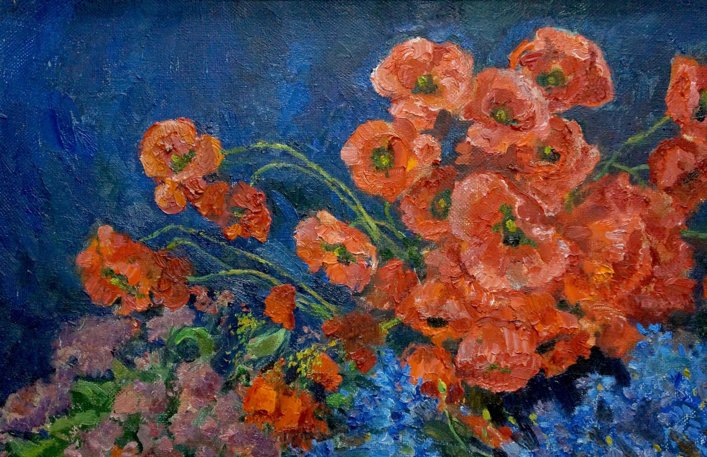 Poppies are the centerpiece of Alexander Fedorovich Mynka's oil painting still life