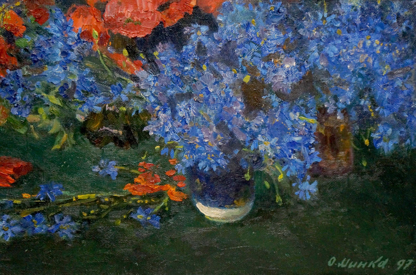 The focal point of Alexander Fedorovich Mynka's oil painting is a still life featuring poppies
