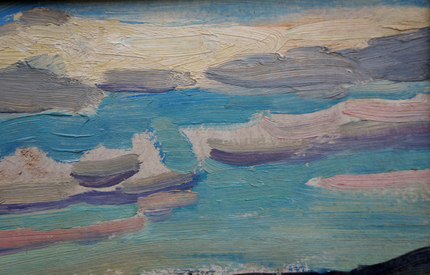 In oil, the artist depicts a ship sailing on its journey