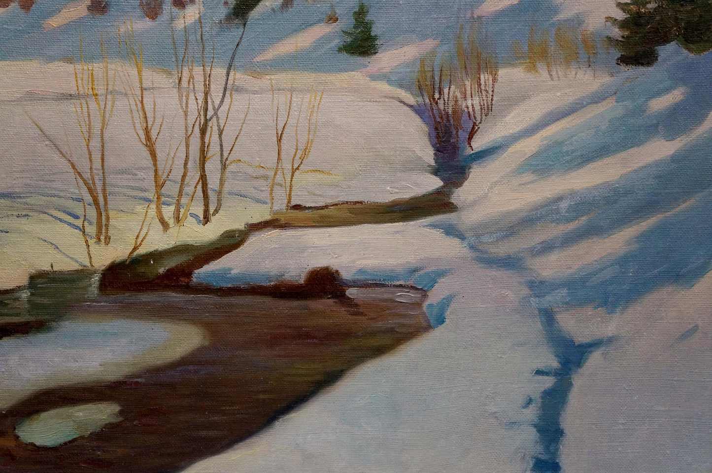 Oil painting Snowdrifts near the stream Unknown artist