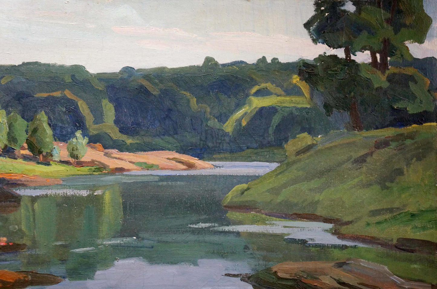 Oil painting Day dawn on a river landscape Unknown artist