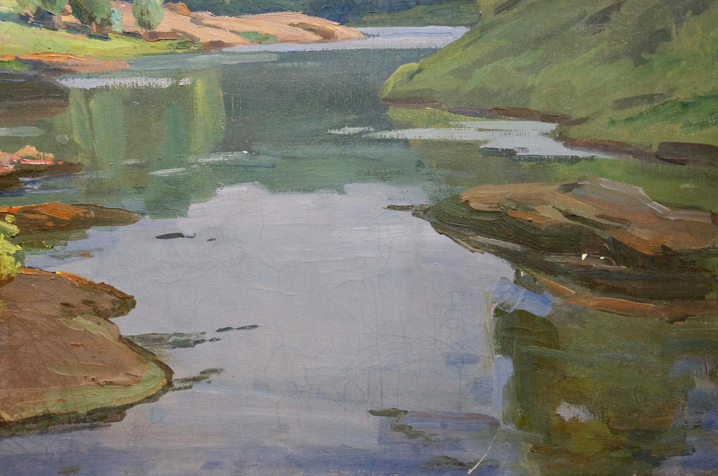 Oil painting Day dawn on a river landscape Unknown artist