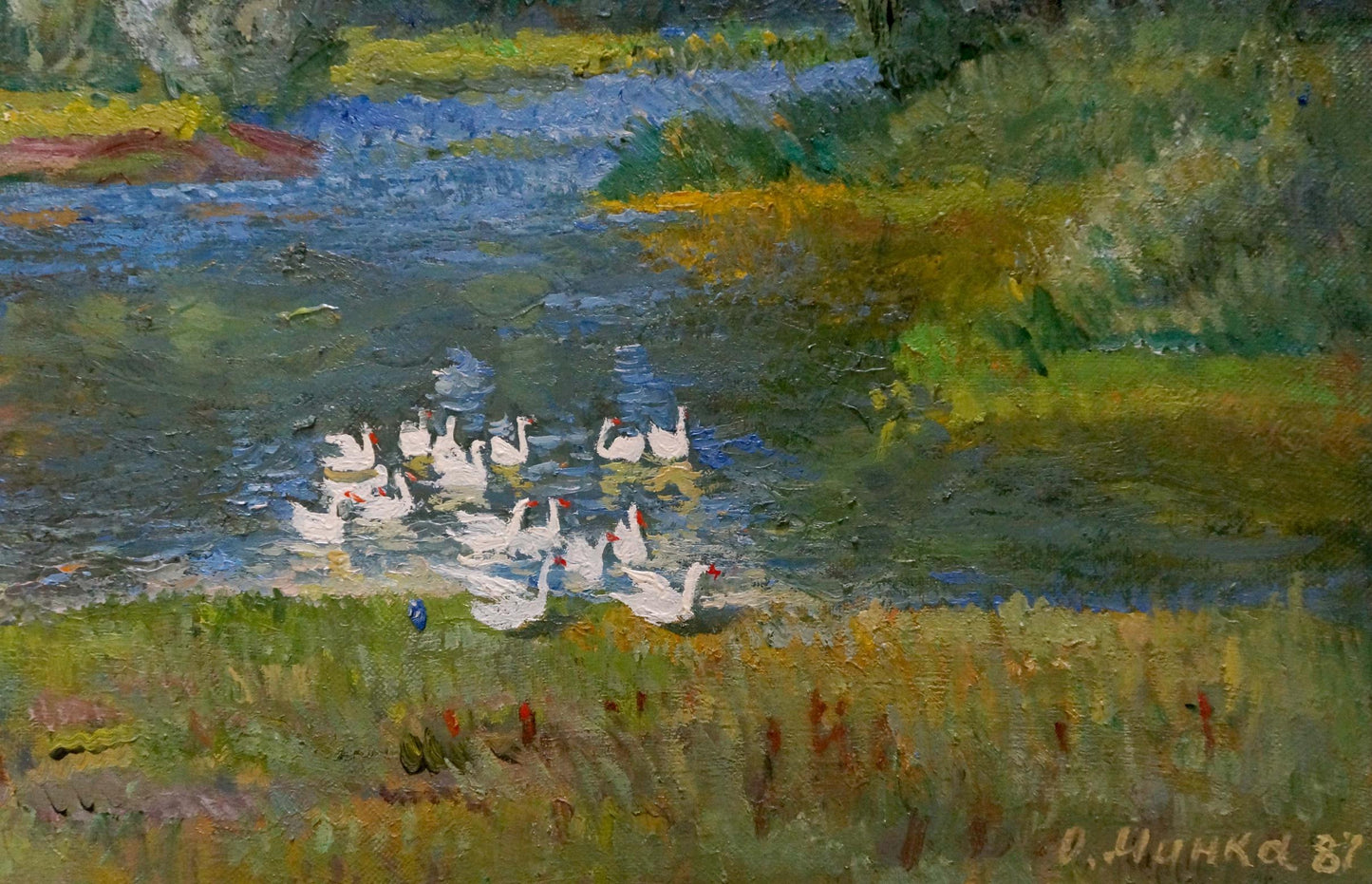 Oil painting Geese by the river Mynka Alexander Fedorovich