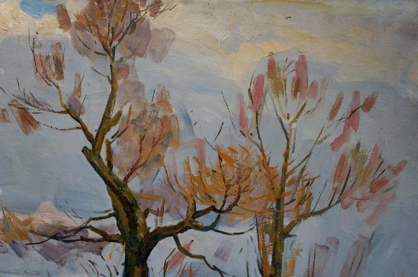 An oil painting by Vladimir Alexandrovich Zhugan capturing the end of winter
