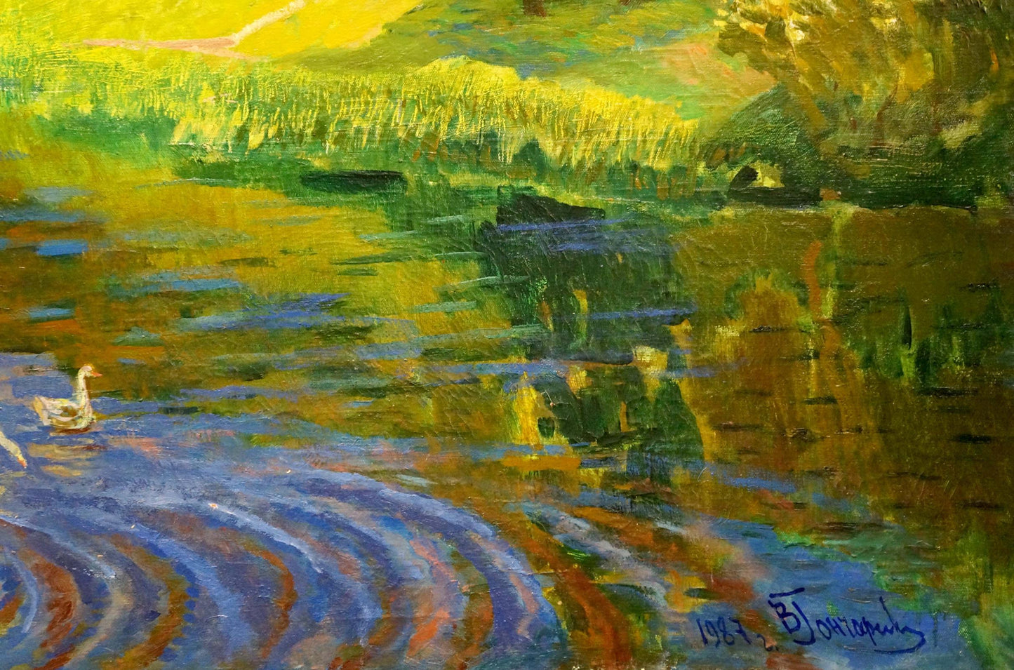 Oil painting Ducks swim on the river Unknown artist