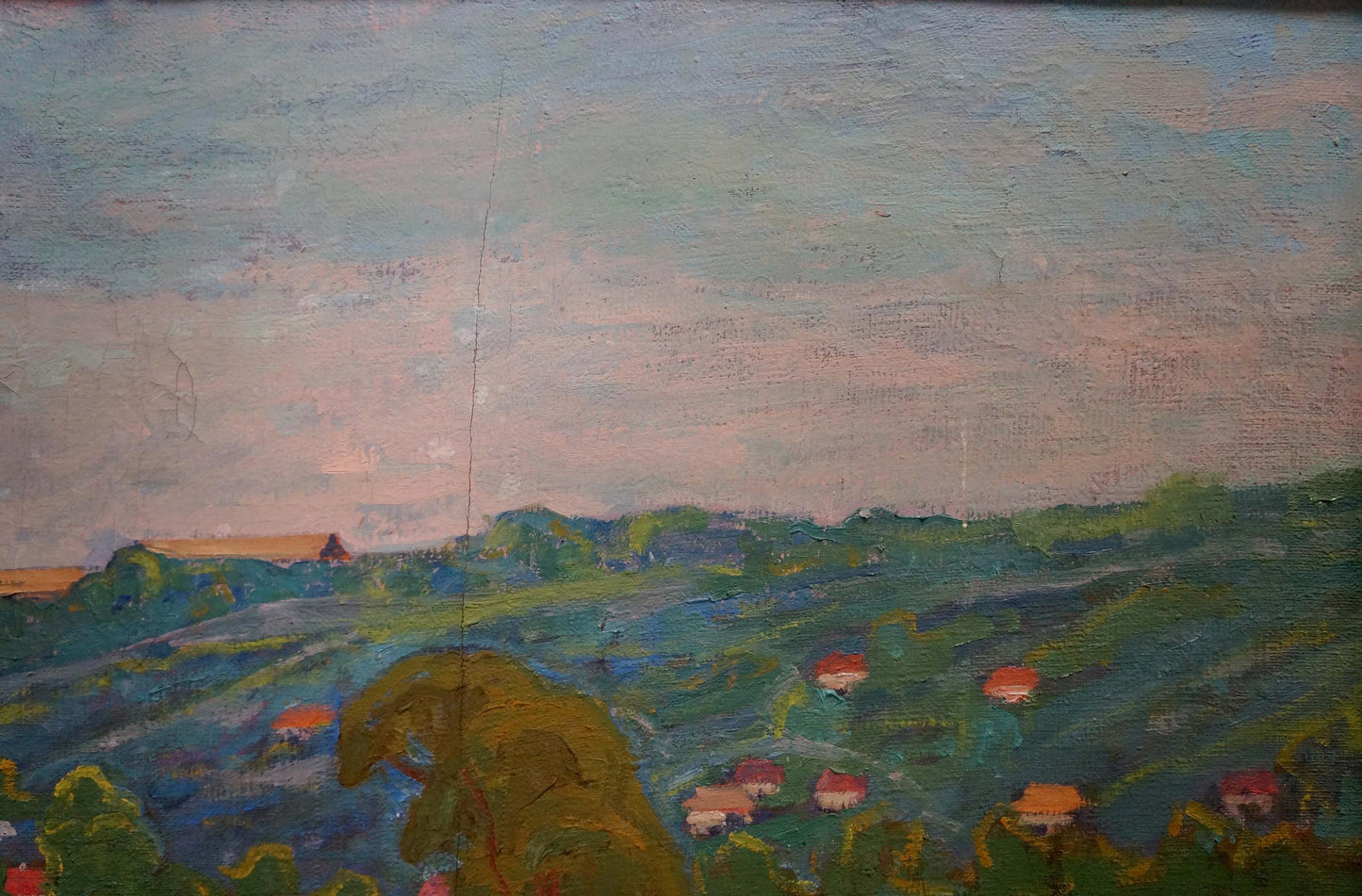 Oil artwork featuring cows by the river, artist unidentified