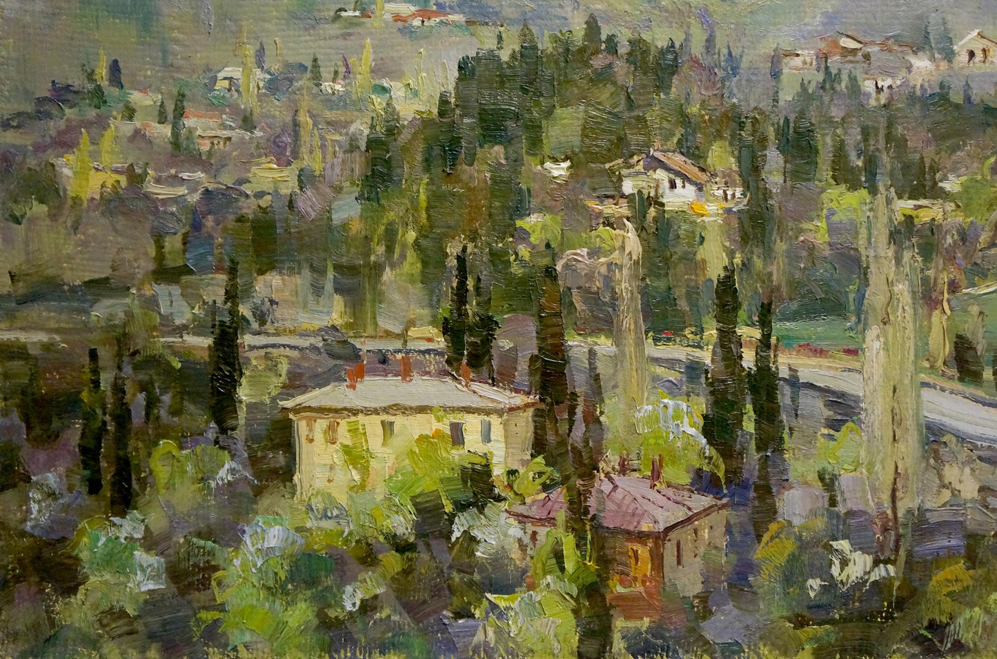 Unidentified artist's oil depiction of a city nestled among mountains