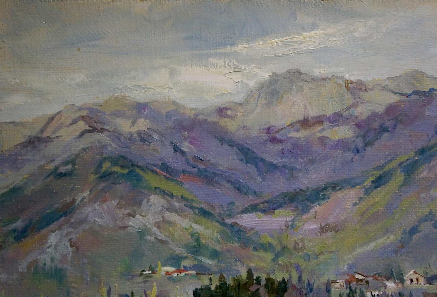 Oil painting of a city amidst mountainous terrain by an unknown artist