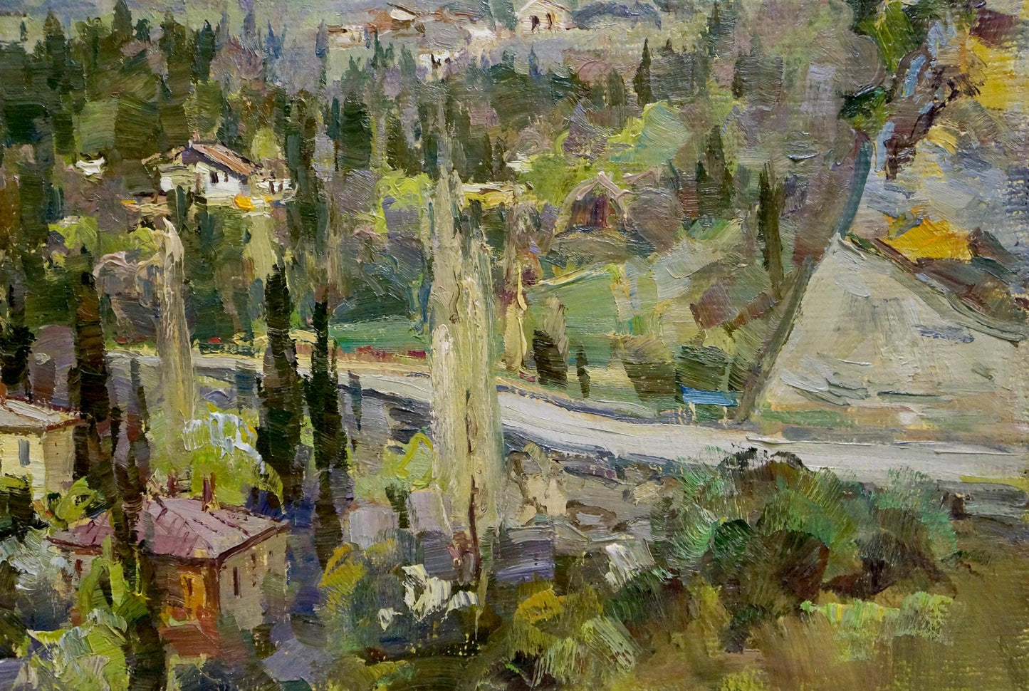 Oil painting depicting a city set amidst mountains, artist unidentified