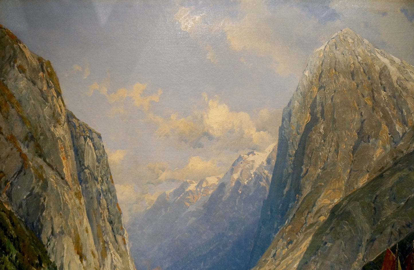 Oil painting Boat ride near the mountains European artist
