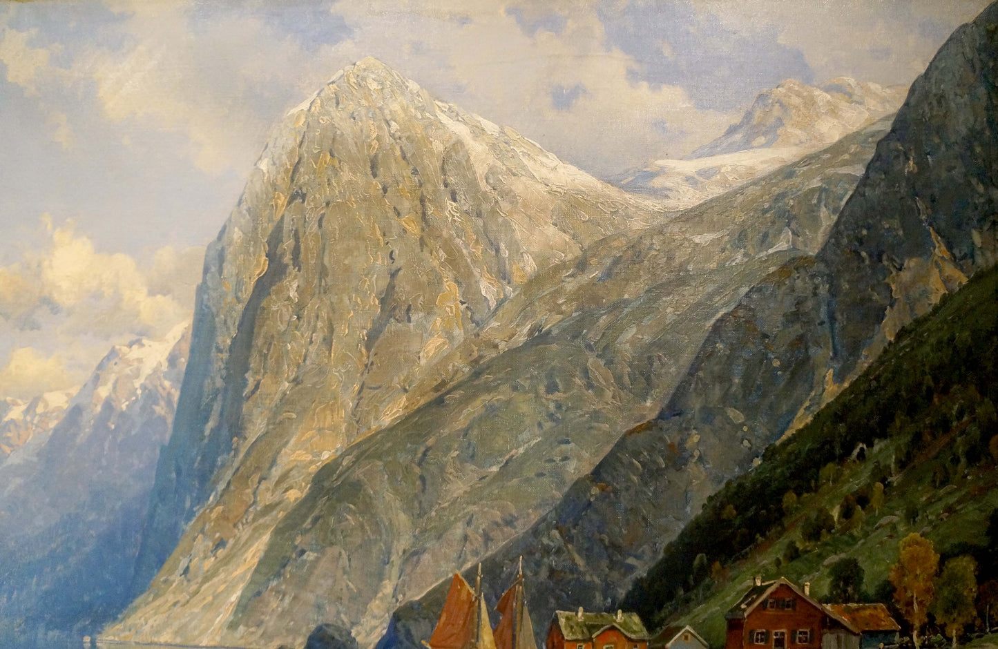 Oil painting Boat ride near the mountains European artist
