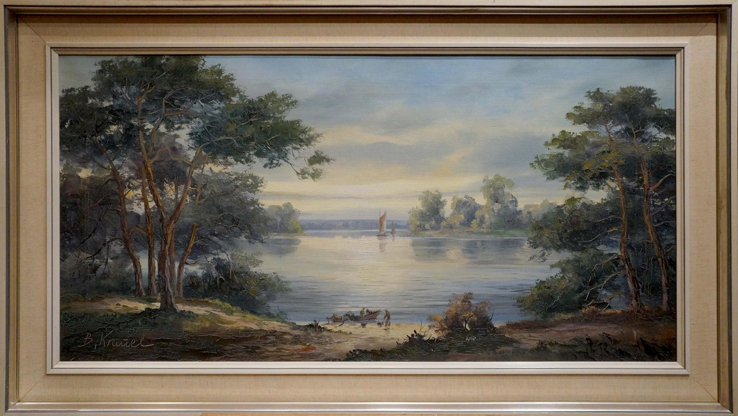 Oil painting A walk along the river on sailboats European artist