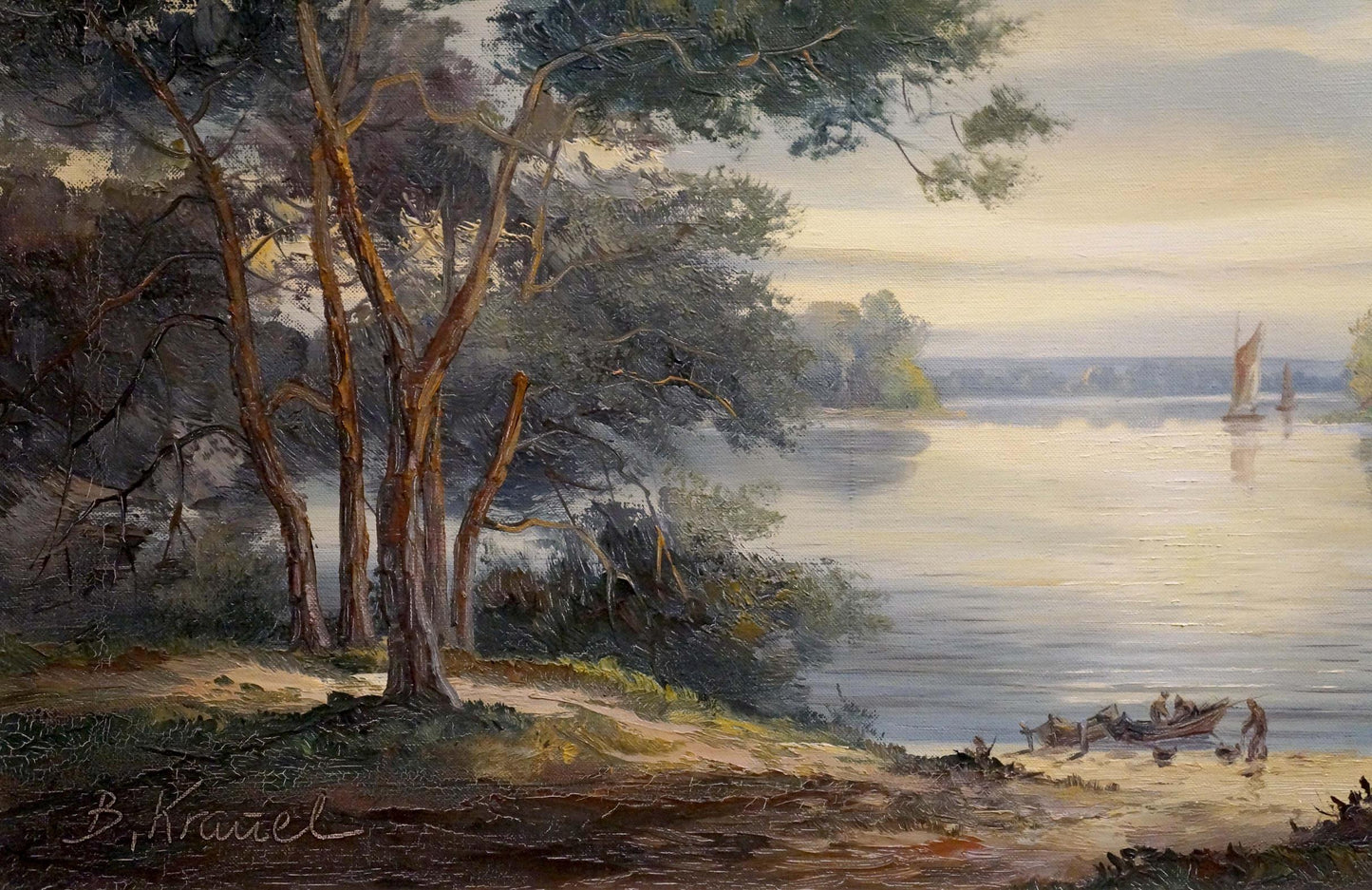 Oil painting A walk along the river on sailboats European artist