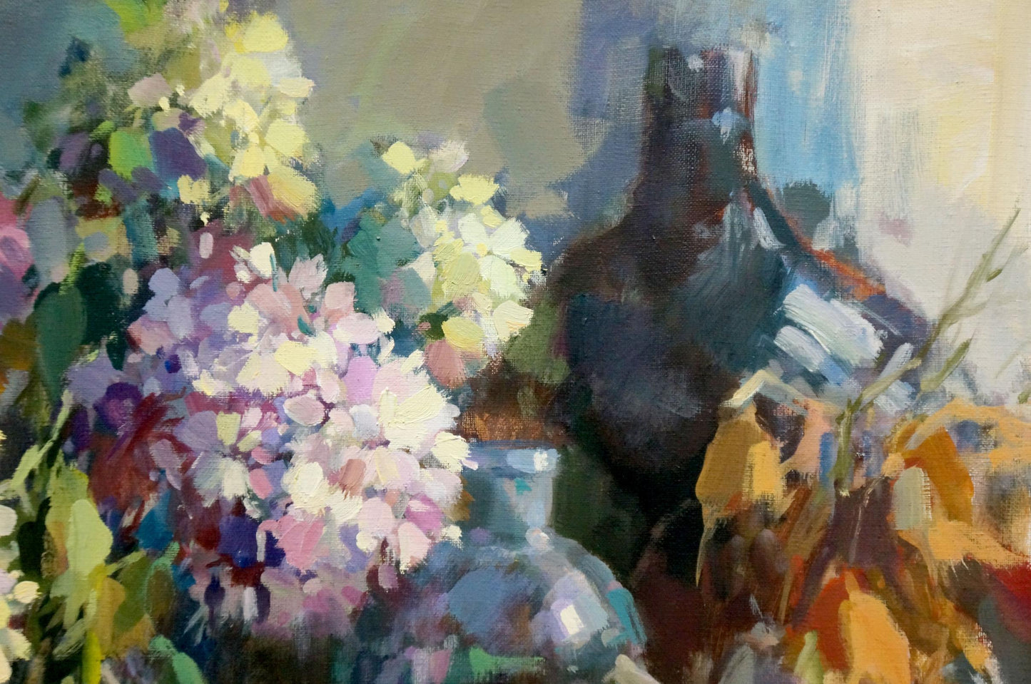 Oil painting Still life with flowers and drinks Unknown artist