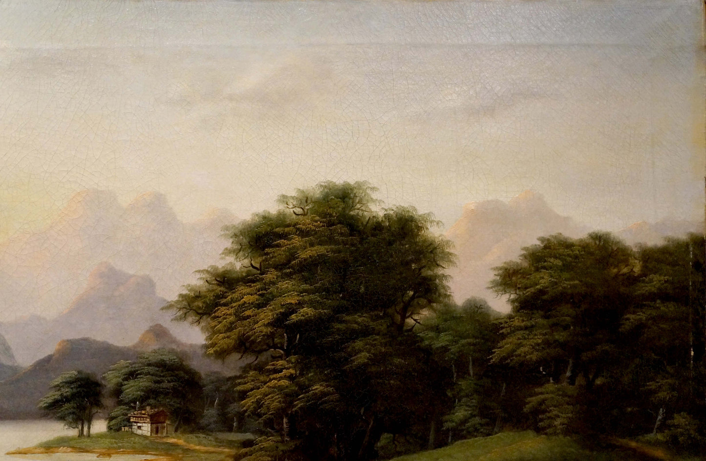 Oil painting River leading to the mountains European artist